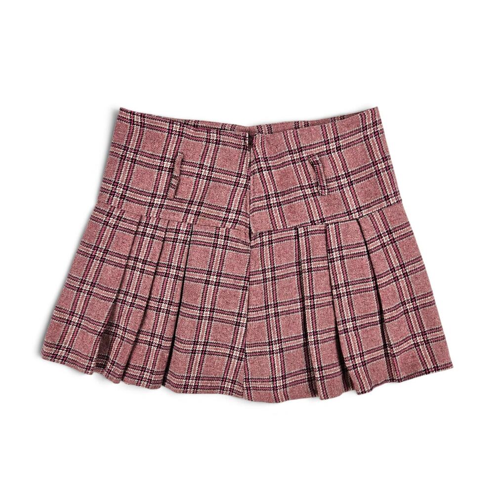 Pink Plaid Mini Skirt Pleated Wool Blend Euro - Size Large